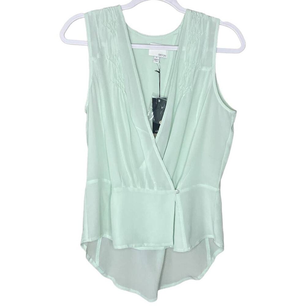 Greylin 100% Silk Surplice Tank Top Back Cut Out Mint Green Size Large NWT